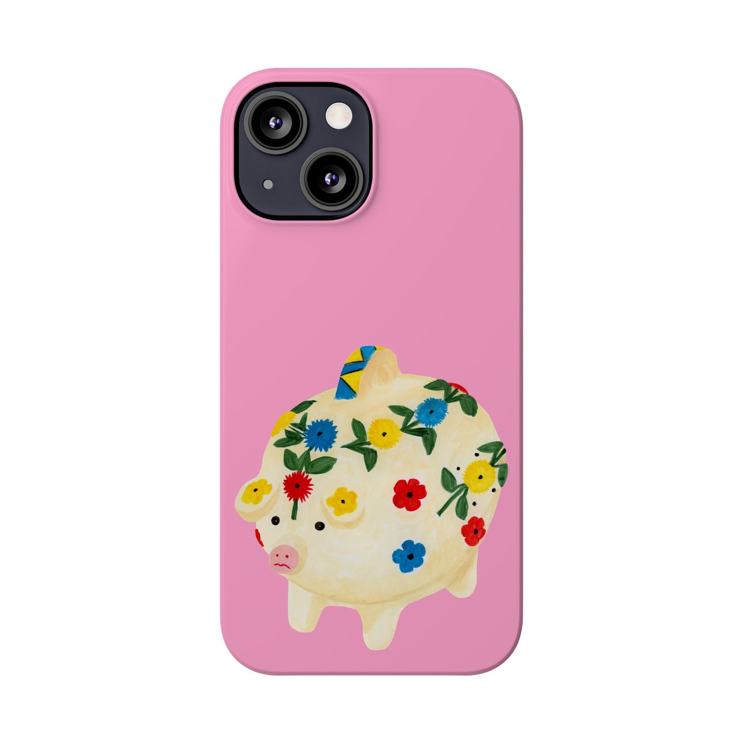 A pink mobile phone case with a colorful illustration of a pig with floral patterns on its body.