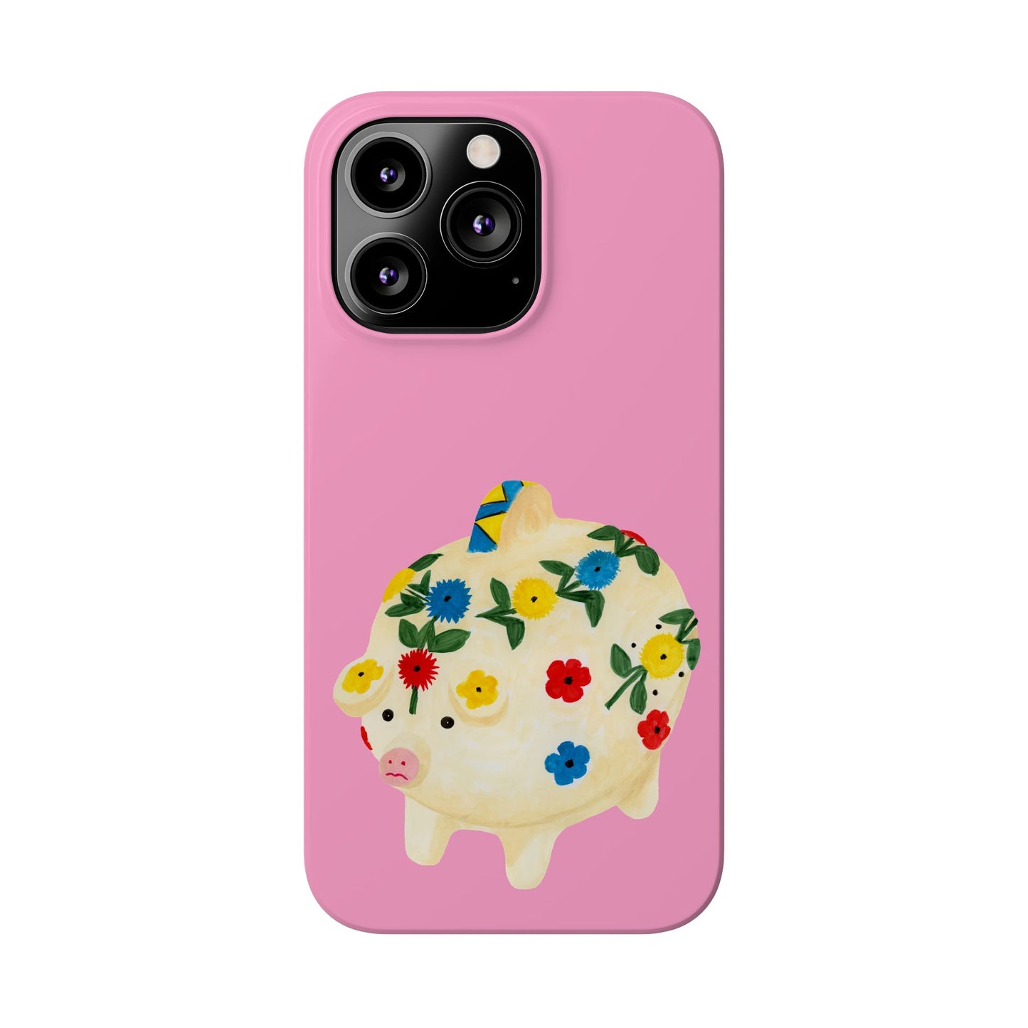 A pink mobile phone case with a colorful illustration of a pig with floral patterns on its body.
