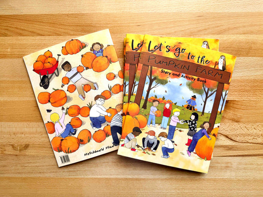 A children's activity books about visiting a pumpkin farm, titled 'Let's go to the Pumpkin Farm Story and Activity Book'.