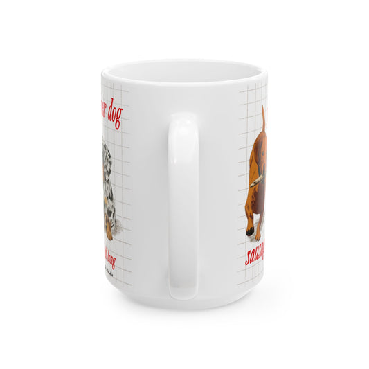 White mug with dachshund dog-themed design on a white background