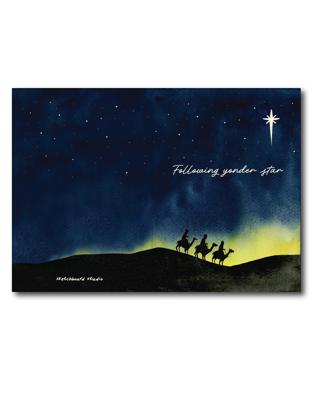 Silhouette of three camels under a starry night sky with 'Following your star' text.