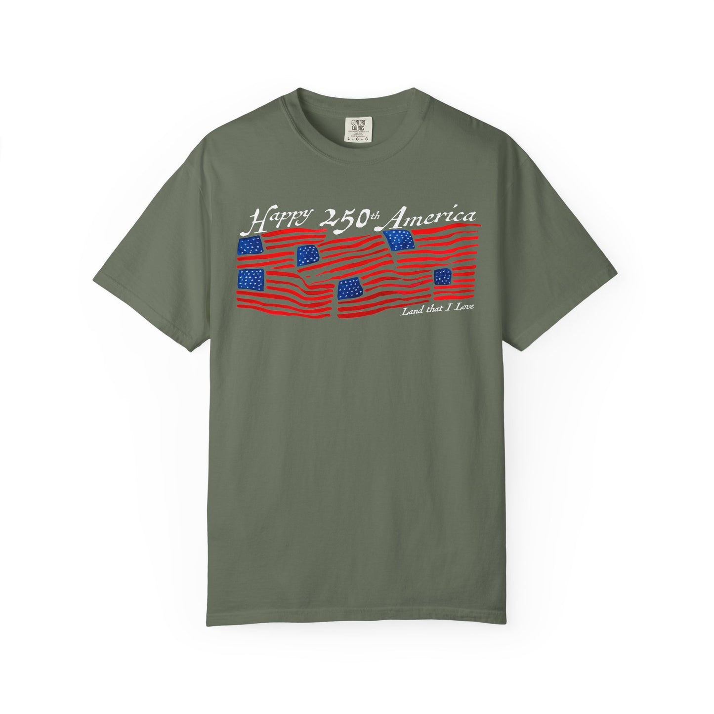 Green t-shirt with American flag design and text on a white background