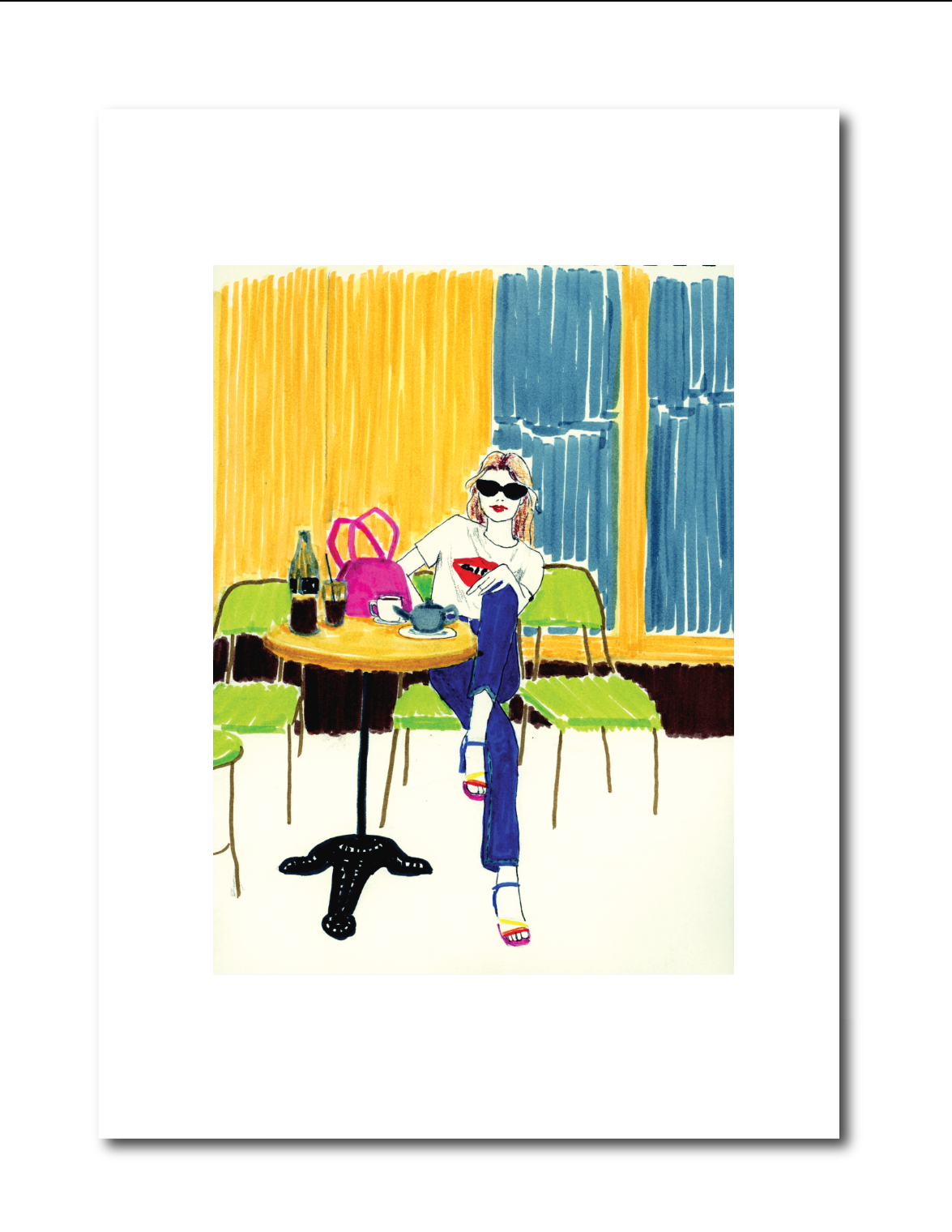 illustration of a fashion girl having coffee at a bistro in Paris