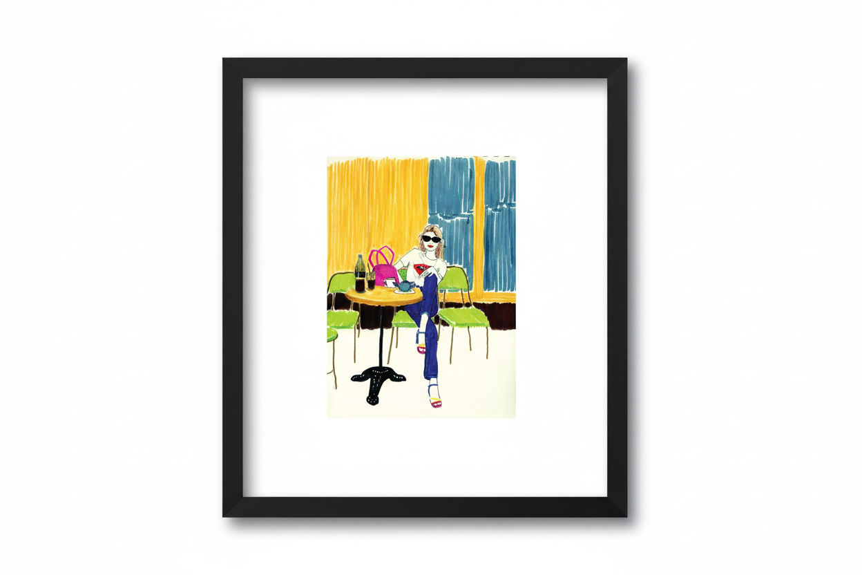 framed illustration of a fashion girl drinking coffee at a Paris bistro