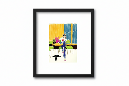 framed illustration of a fashion girl drinking coffee at a Paris bistro