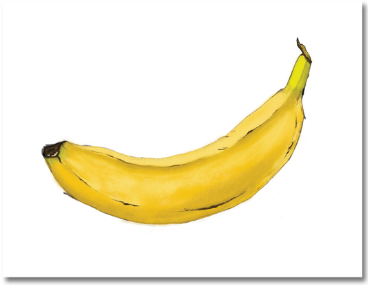 An original illustration of a single banana on a white background, with a focus on the fruit's peel and stem.
