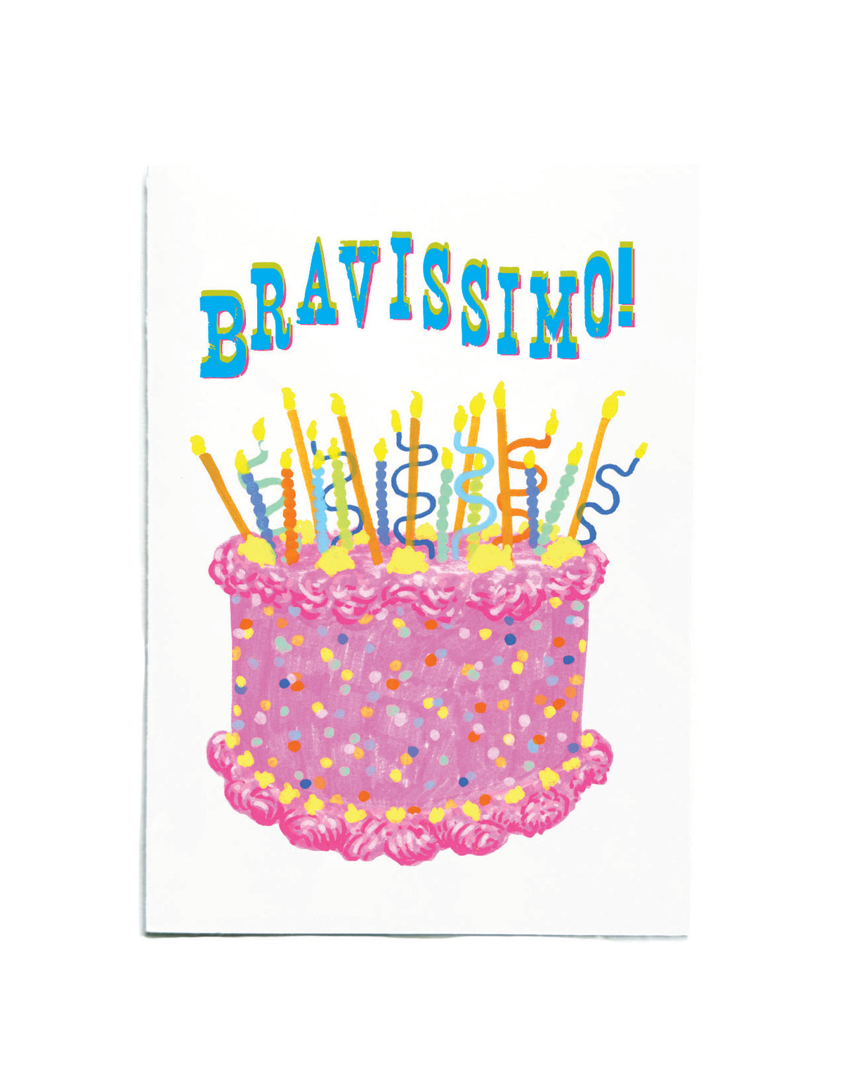 A white greeting card featuring a colorful illustration of a birthday cake with candles and the word 'BRAVISSIMO!' in playful blue letters at the top.