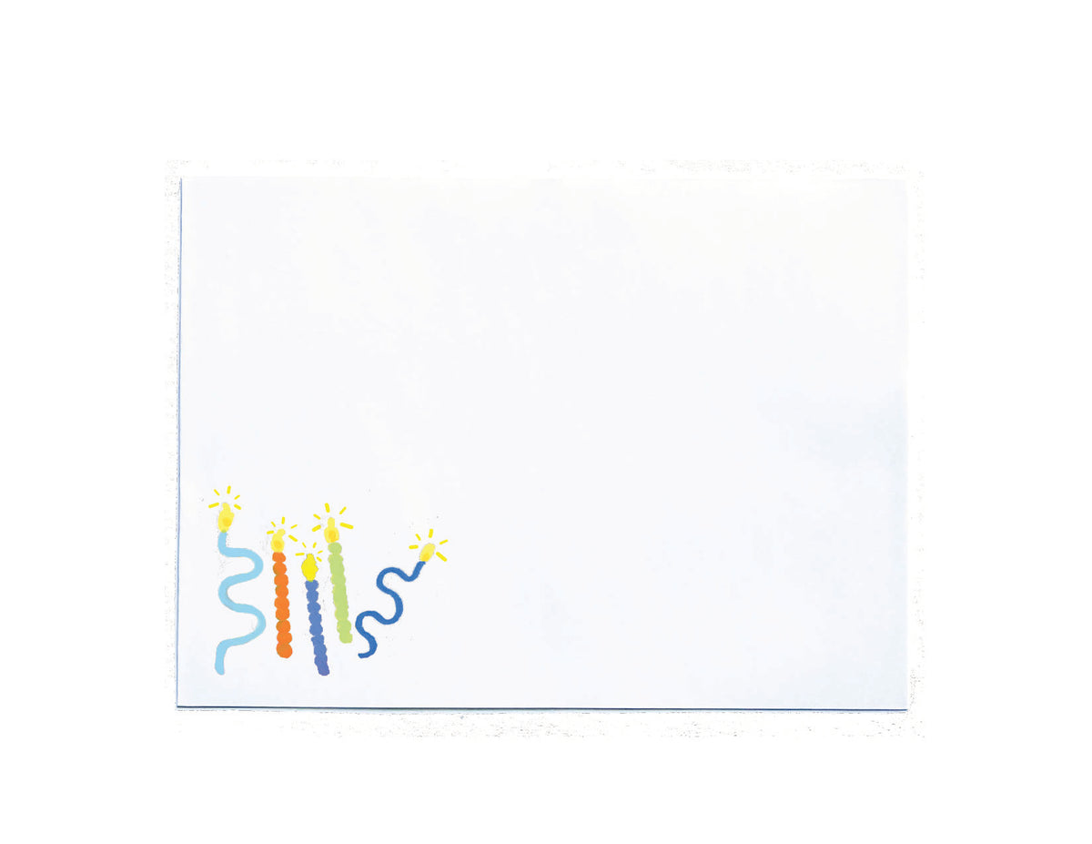 A square white card or envelope with a small colorful illustration in the lower-left corner showing three wavy candle-like shapes in blue, orange, green, and yellow on a white background.