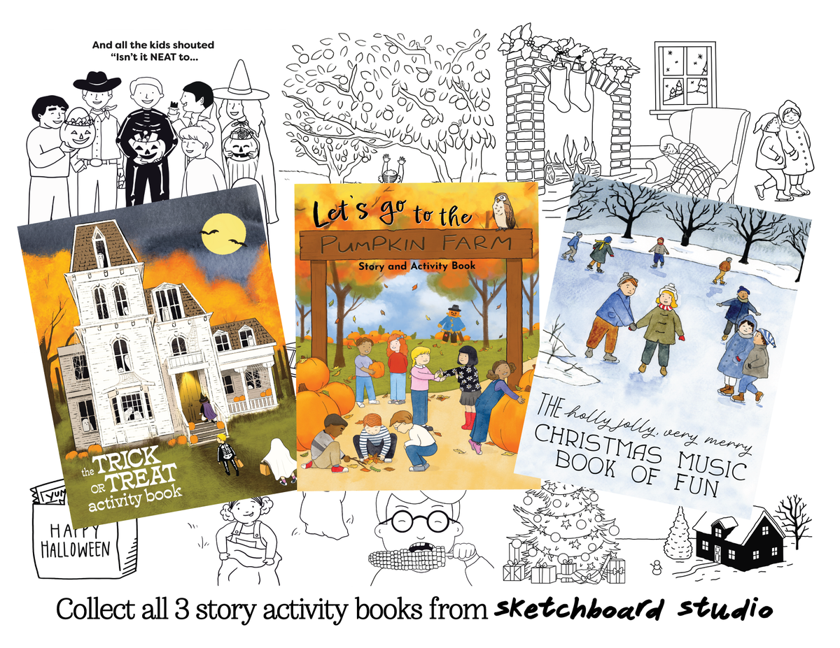 A collage-style promotional graphic showing three illustrated children's activity books with black-and-white line drawings and color panels. The visible titles include 'Trick or Treat activity book,' 'Let's go to the Pumpkin Farm story and activity book,' and 'The holly jolly, very merry Christmas music book of fun.