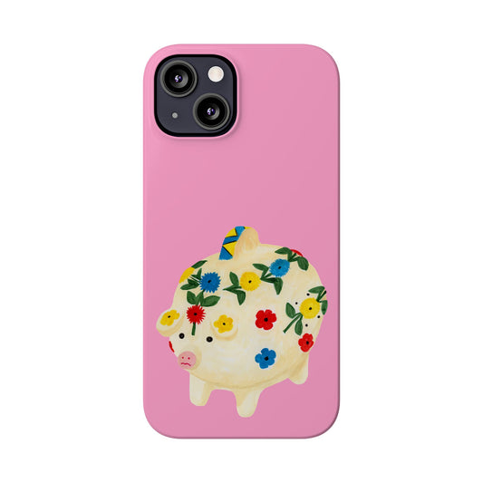 A pink mobile phone case with a colorful illustration of a pig with floral patterns on its body.