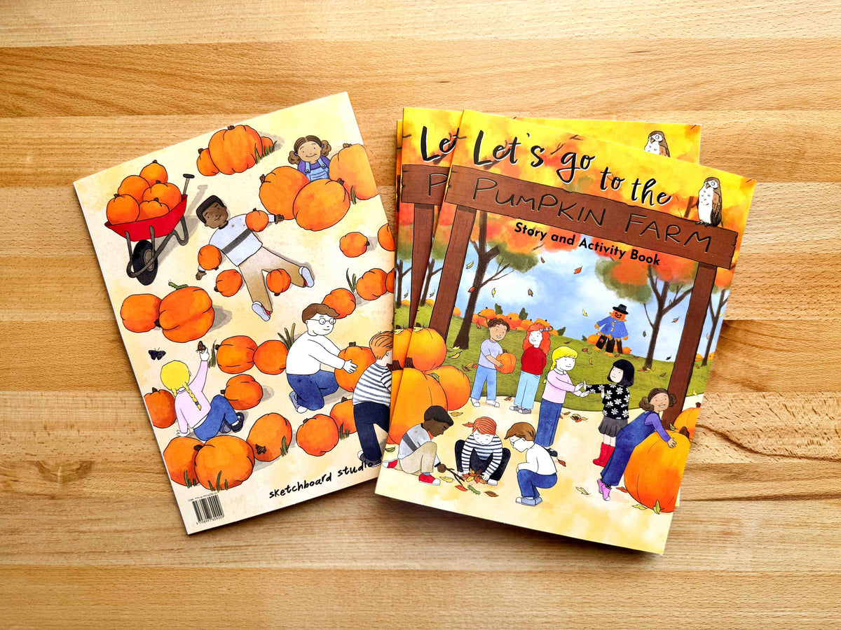 A children's activity books about visiting a pumpkin farm, titled 'Let's go to the Pumpkin Farm Story and Activity Book'.