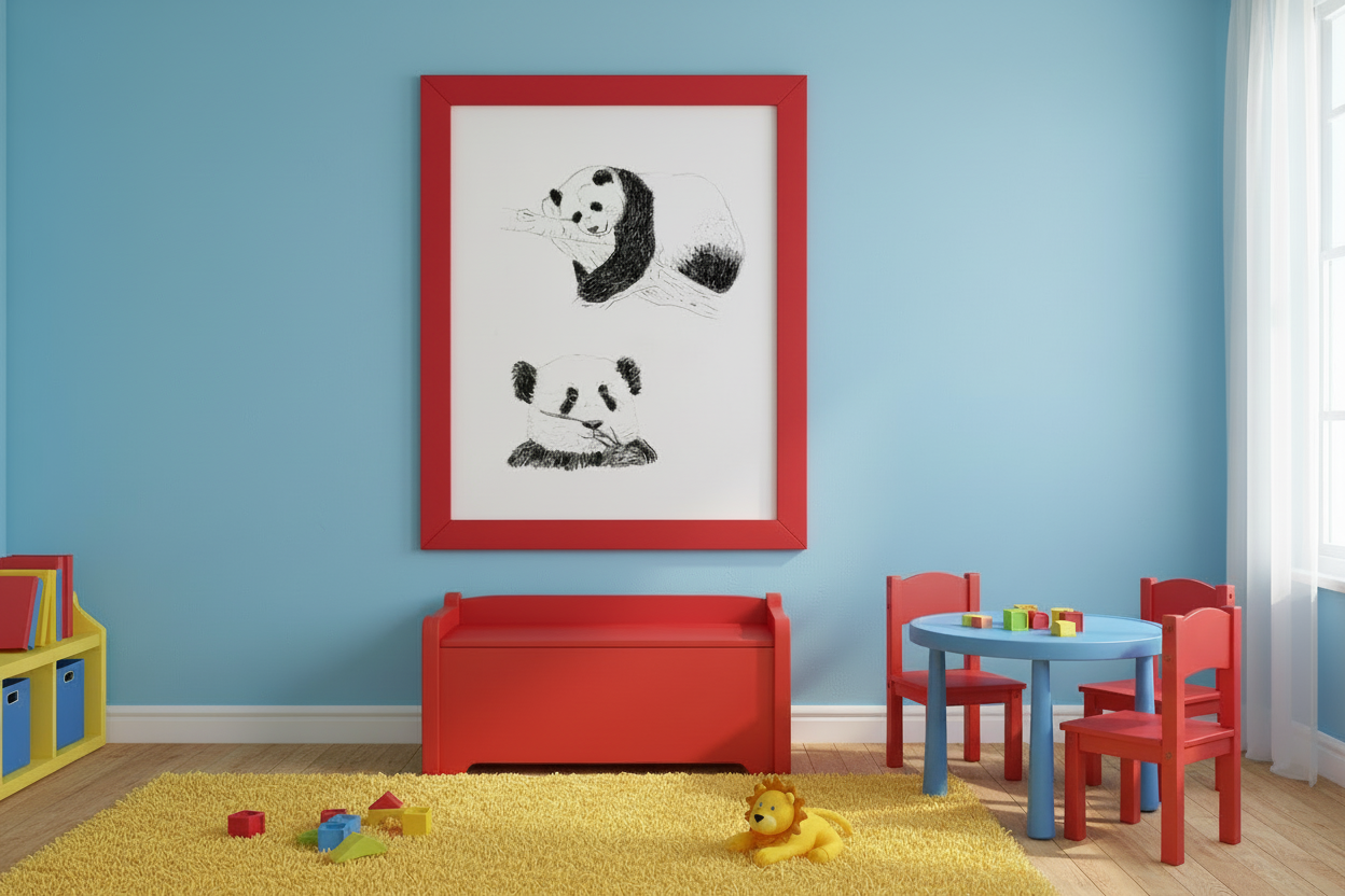 illustration of two pandas inside a red frame