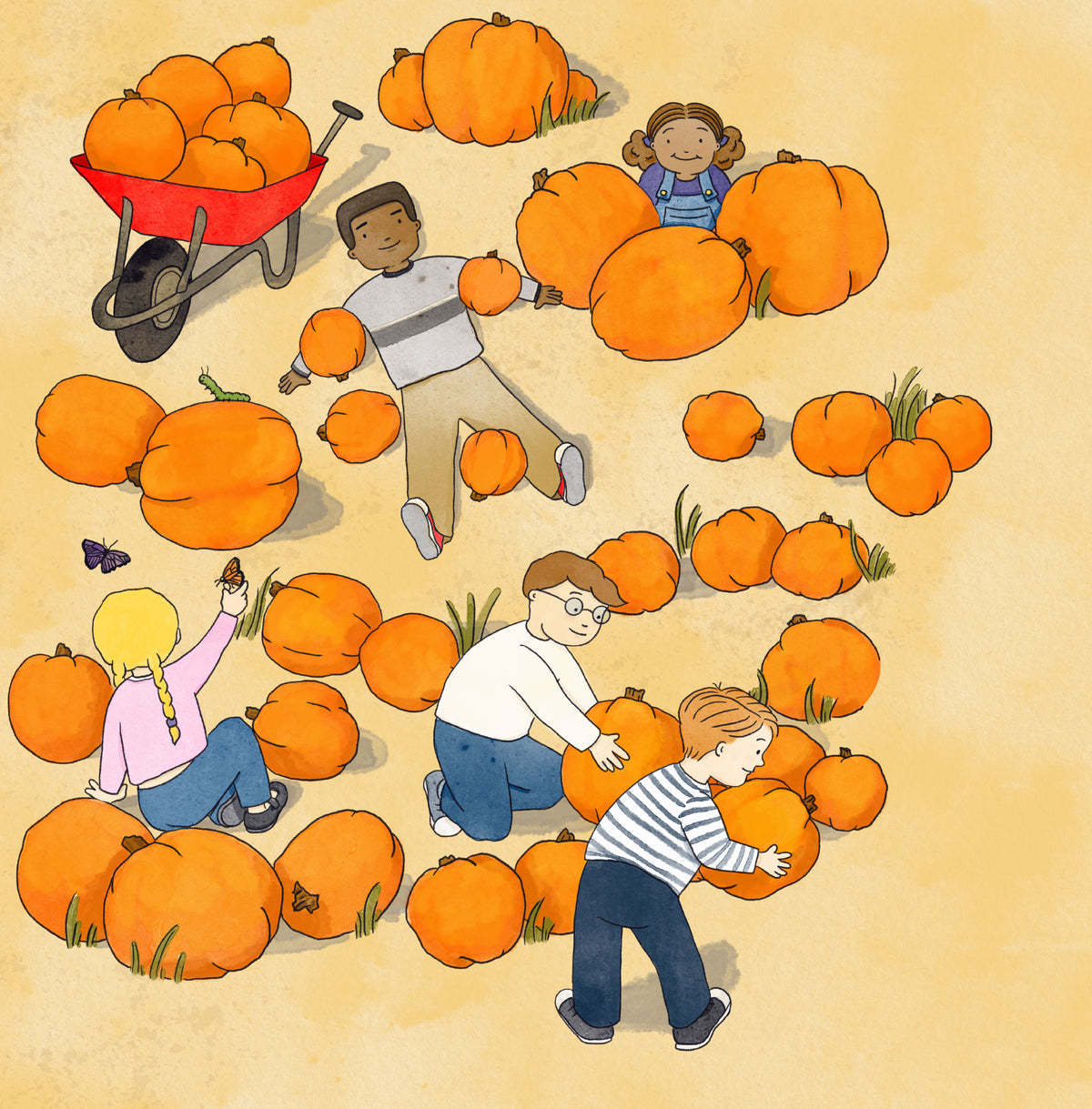 Illustrated scene of children playing in a pumpkin patch with many orange pumpkins, a red wheelbarrow of pumpkins, and a warm beige background.