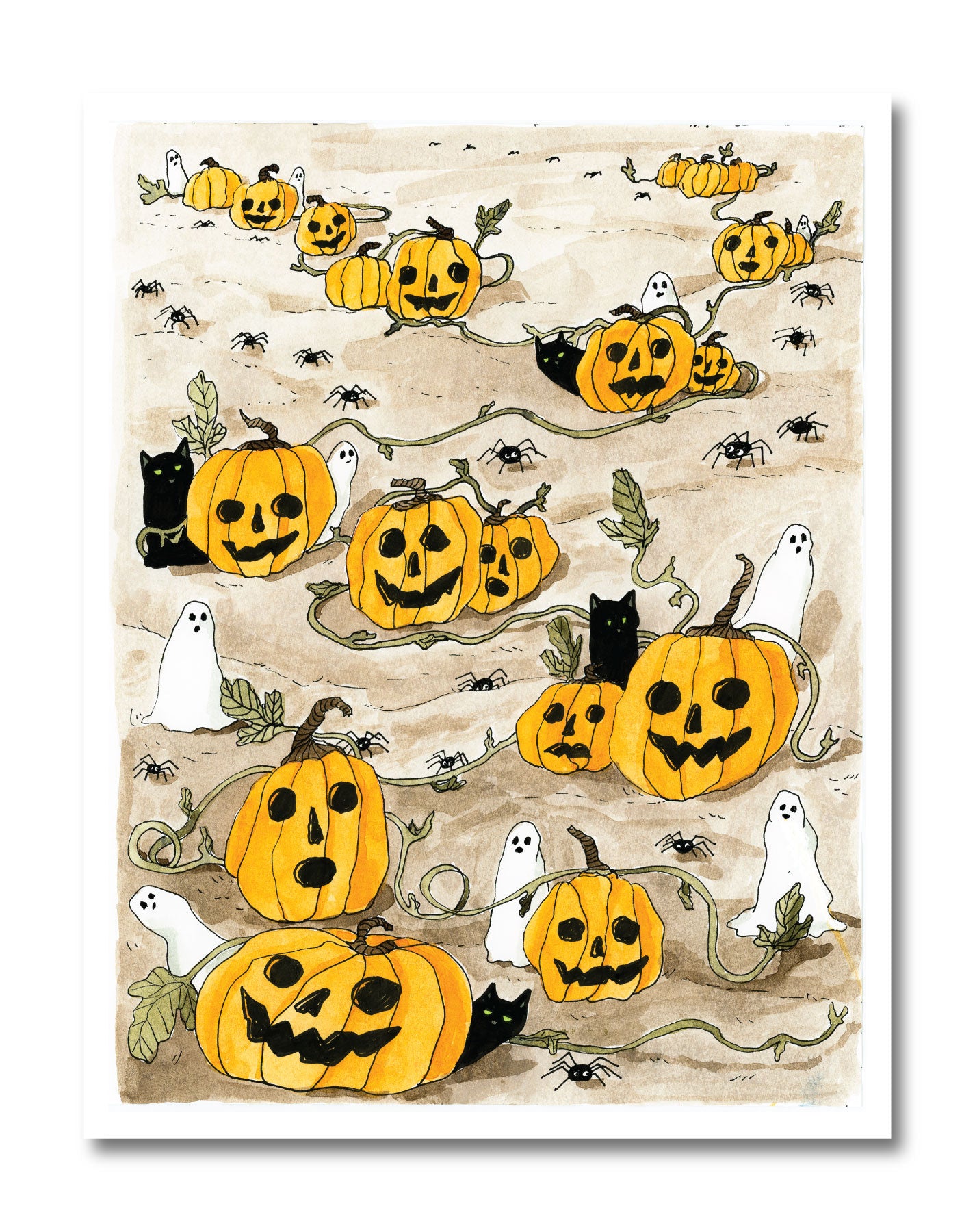 Art print featuring a whimsical Halloween illustration with multiple orange jack-o'-lantern pumpkins, white ghosts, black cats, and small black spiders on a beige background, shown against a white border.