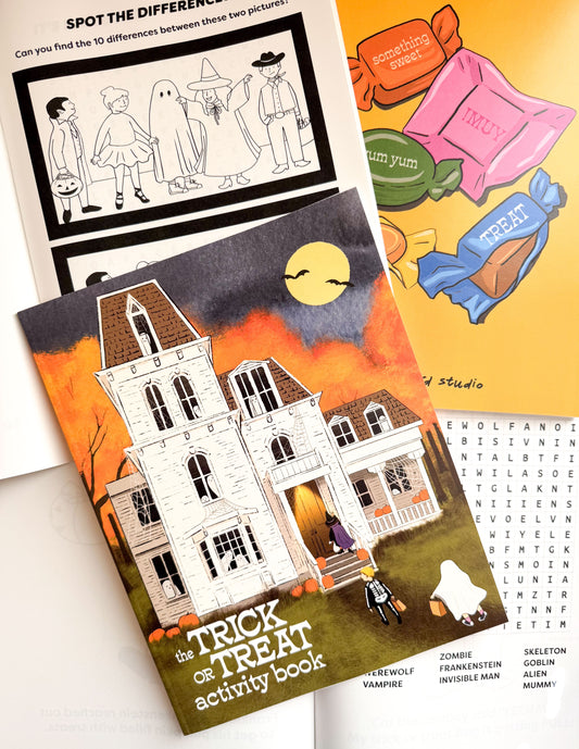 Halloween-themed activity book with coloring pages and word search from the trick or treat activity book sketchboard studio