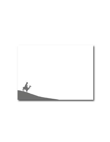 Minimalist black and white illustration of a person on horseback in a desert landscape.